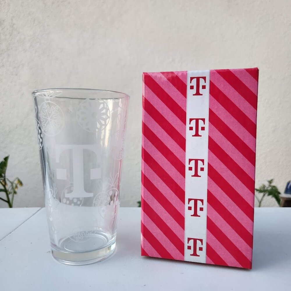 New T mobile Promotional Glass Holiday Cup Etched Ornaments Letter T Drinking